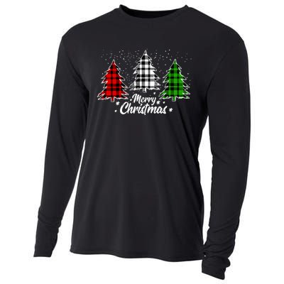 Merry Christmas Tree Xmas Buffalo Plaid Red White Green Cooling Performance Long Sleeve Crew