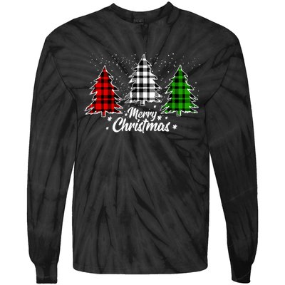 Merry Christmas Tree Xmas Buffalo Plaid Red White Green Tie-Dye Long Sleeve Shirt