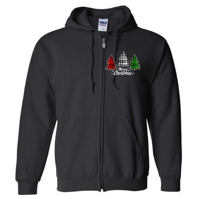 Merry Christmas Tree Xmas Buffalo Plaid Red White Green Full Zip Hoodie