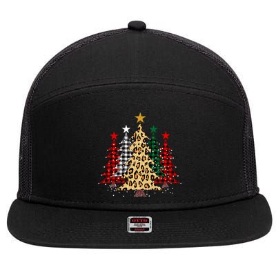 Merry Christmas Trees With Buffalo Plaid & Leopard Design 7 Panel Mesh Trucker Snapback Hat