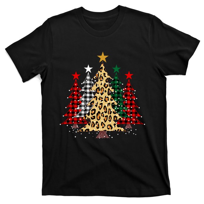 Merry Christmas Trees With Buffalo Plaid & Leopard Design T-Shirt