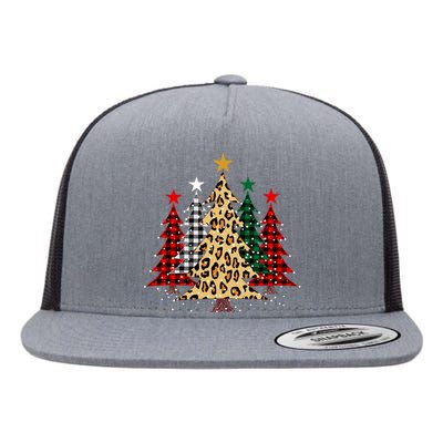 Merry Christmas Trees With Buffalo Plaid & Leopard Design Flat Bill Trucker Hat