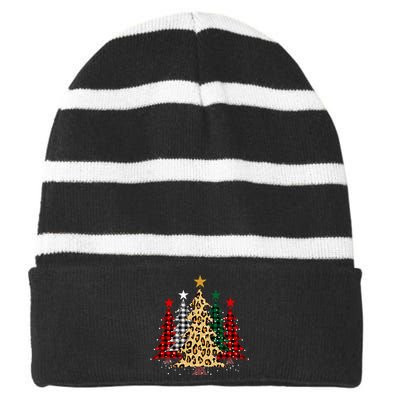 Merry Christmas Trees With Buffalo Plaid & Leopard Design Striped Beanie with Solid Band