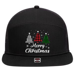 Merry Christmas Tree Xmas Buffalo Plaid Red White Green  7 Panel Mesh Trucker Snapback Hat