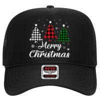 Merry Christmas Tree Xmas Buffalo Plaid Red White Green  High Crown Mesh Back Trucker Hat