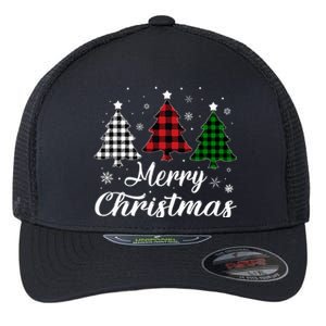 Merry Christmas Tree Xmas Buffalo Plaid Red White Green  Flexfit Unipanel Trucker Cap