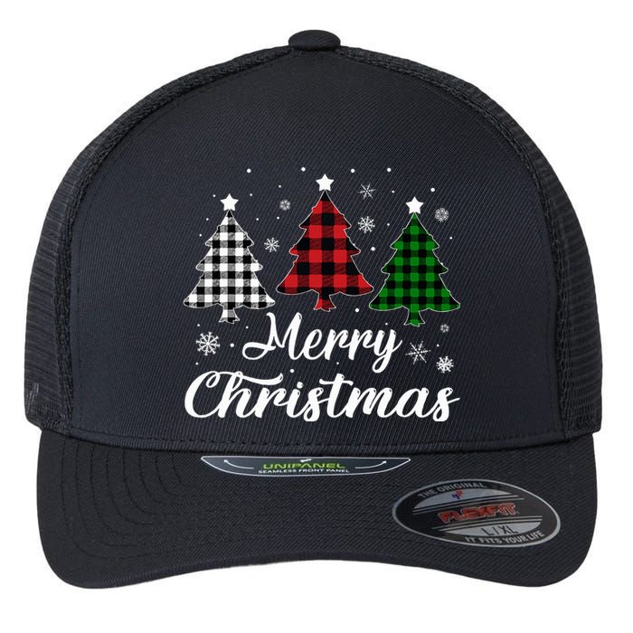 Merry Christmas Tree Xmas Buffalo Plaid Red White Green  Flexfit Unipanel Trucker Cap