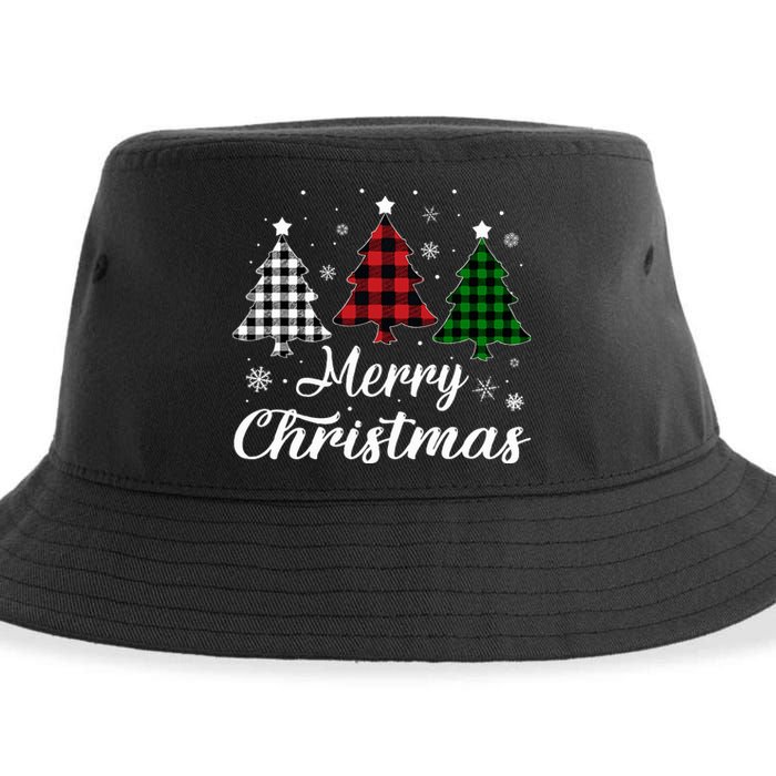 Merry Christmas Tree Xmas Buffalo Plaid Red White Green  Sustainable Bucket Hat