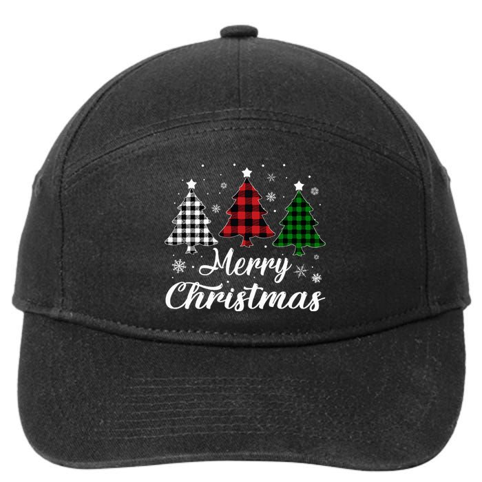 Merry Christmas Tree Xmas Buffalo Plaid Red White Green  7-Panel Snapback Hat