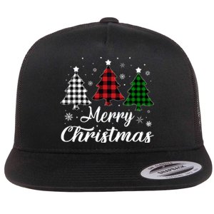 Merry Christmas Tree Xmas Buffalo Plaid Red White Green  Flat Bill Trucker Hat