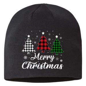 Merry Christmas Tree Xmas Buffalo Plaid Red White Green  Sustainable Beanie