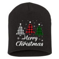 Merry Christmas Tree Xmas Buffalo Plaid Red White Green  Short Acrylic Beanie