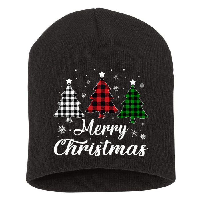 Merry Christmas Tree Xmas Buffalo Plaid Red White Green  Short Acrylic Beanie