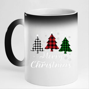 Merry Christmas Tree Xmas Buffalo Plaid Red White Green 11oz Black Color Changing Mug