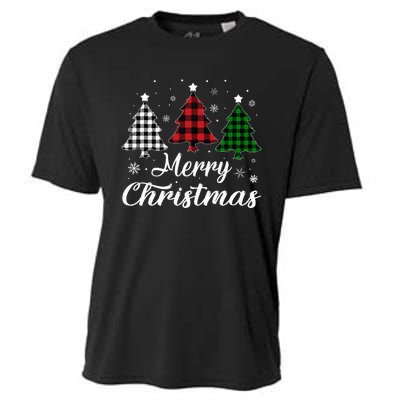 Merry Christmas Tree Xmas Buffalo Plaid Red White Green Cooling Performance Crew T-Shirt