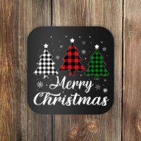 Merry Christmas Tree Xmas Buffalo Plaid Red White Green Coaster