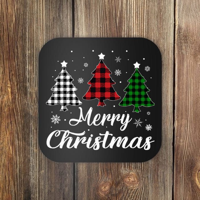 Merry Christmas Tree Xmas Buffalo Plaid Red White Green Coaster