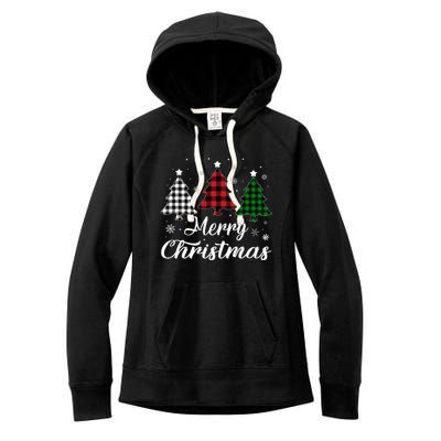 Merry Christmas Tree Xmas Buffalo Plaid Red White Green Women's Fleece Hoodie