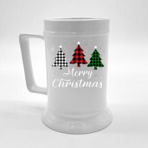 Merry Christmas Tree Xmas Buffalo Plaid Red White Green Beer Stein