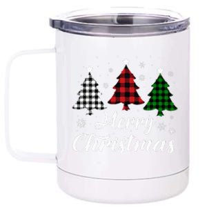 Merry Christmas Tree Xmas Buffalo Plaid Red White Green 12 oz Stainless Steel Tumbler Cup