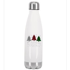 Merry Christmas Tree Xmas Buffalo Plaid Red White Green Stainless Steel Insulated Water Bottle