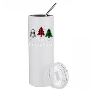 Merry Christmas Tree Xmas Buffalo Plaid Red White Green Stainless Steel Tumbler