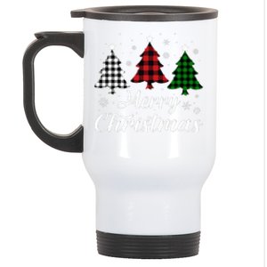 Merry Christmas Tree Xmas Buffalo Plaid Red White Green Stainless Steel Travel Mug