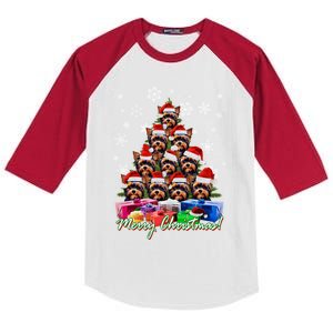 Merry Christmas Tree Yorkie Lovers Yorkshire Terrier Xmas Gift Kids Colorblock Raglan Jersey