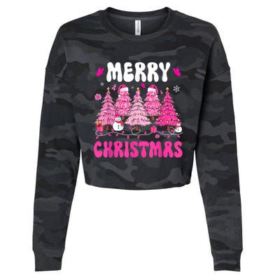 Merry Christmas Trees Pink Leopard Buffalo Plaid Cropped Pullover Crew