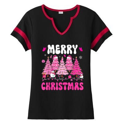 Merry Christmas Trees Pink Leopard Buffalo Plaid Ladies Halftime Notch Neck Tee