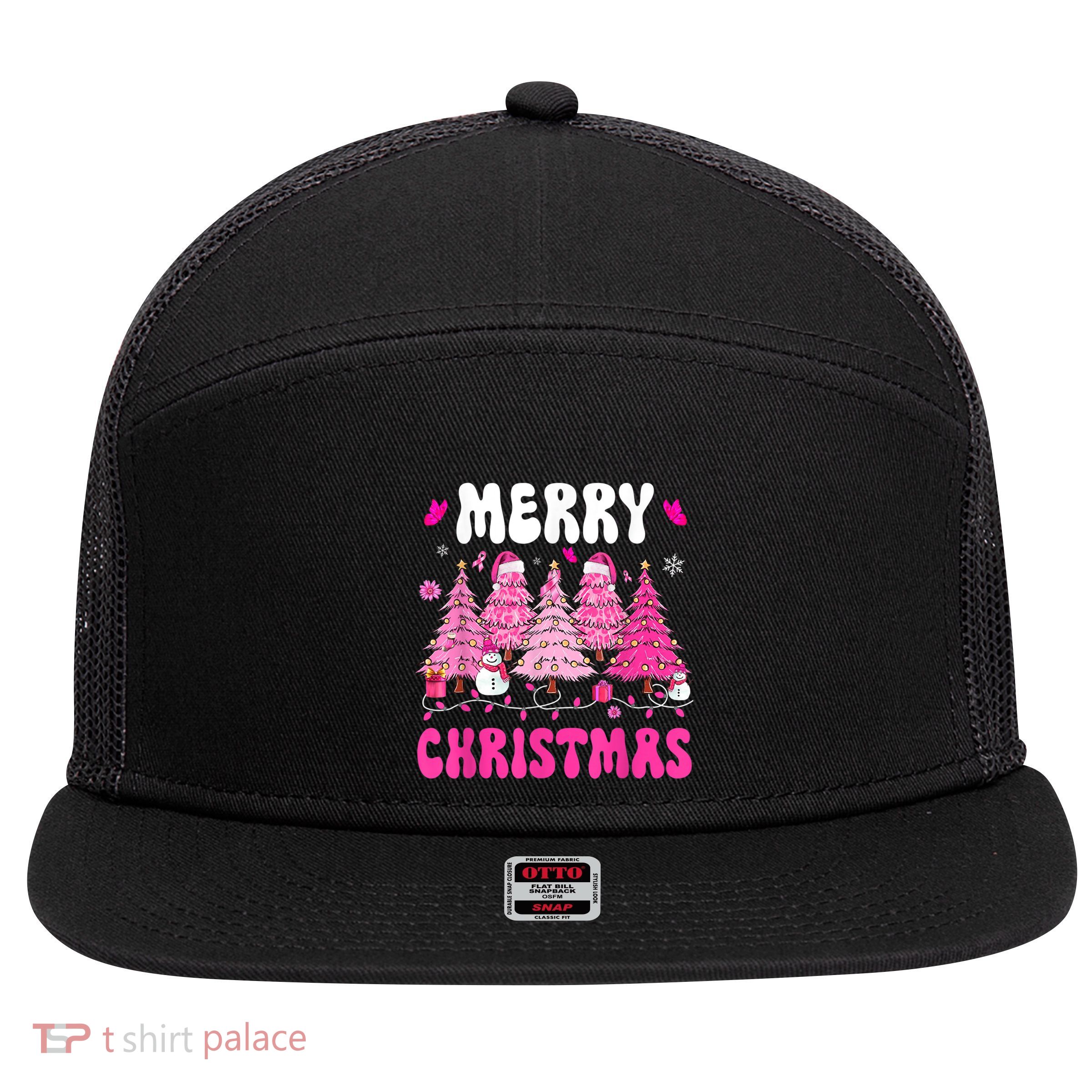 Merry Christmas Trees Pink Leopard Buffalo Plaid 7 Panel Mesh Trucker Snapback Hat