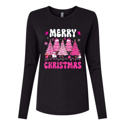 Merry Christmas Trees Pink Leopard Buffalo Plaid Womens Cotton Relaxed Long Sleeve T-Shirt