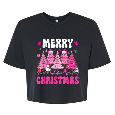 Merry Christmas Trees Pink Leopard Buffalo Plaid Bella+Canvas Jersey Crop Tee