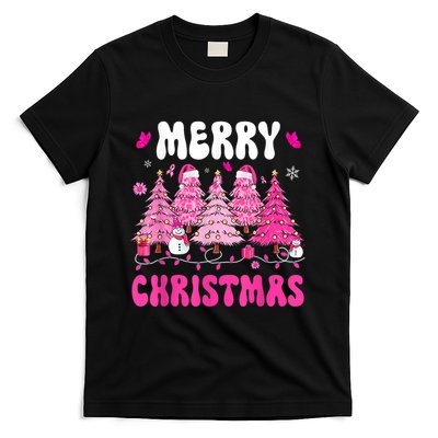 Merry Christmas Trees Pink Leopard Buffalo Plaid T-Shirt