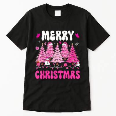 Merry Christmas Trees Pink Leopard Buffalo Plaid Tall T-Shirt