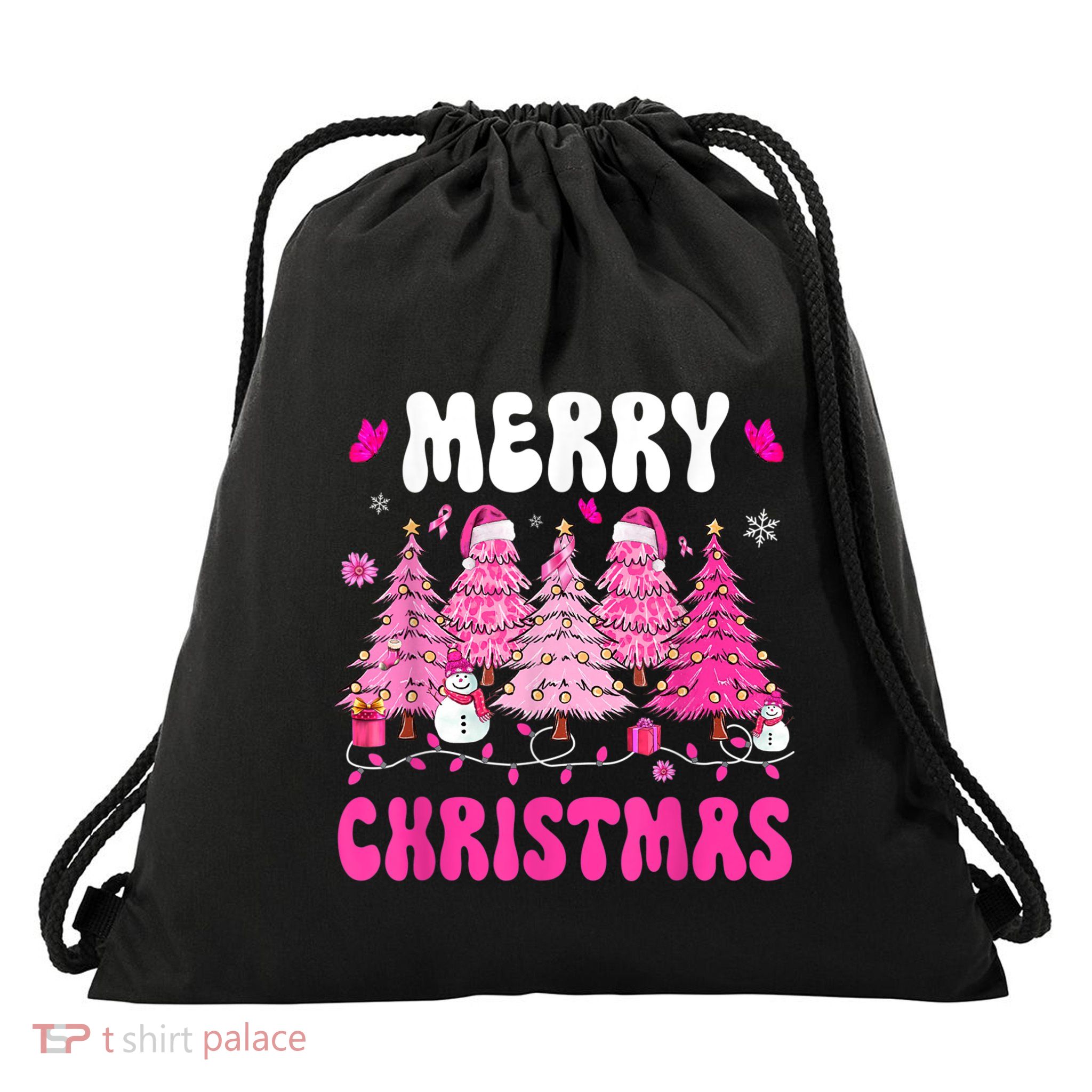 Merry Christmas Trees Pink Leopard Buffalo Plaid Drawstring Bag