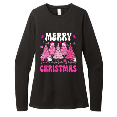 Merry Christmas Trees Pink Leopard Buffalo Plaid Womens CVC Long Sleeve Shirt