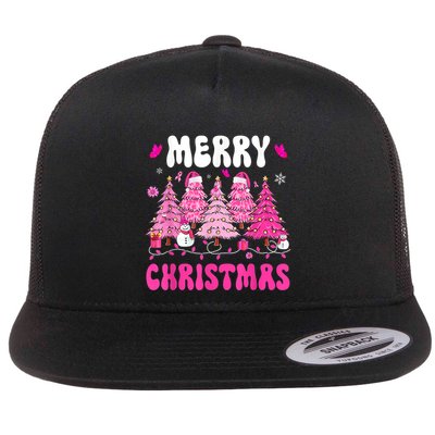 Merry Christmas Trees Pink Leopard Buffalo Plaid Flatbill Hat