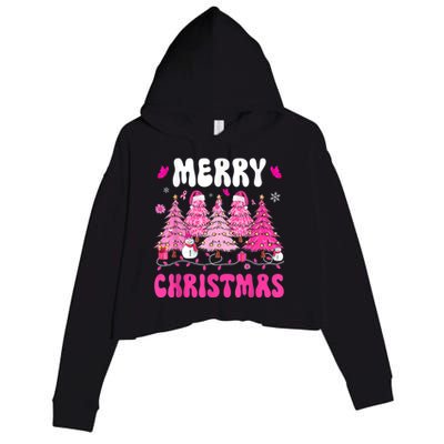 Merry Christmas Trees Pink Leopard Buffalo Plaid Crop Fleece Hoodie