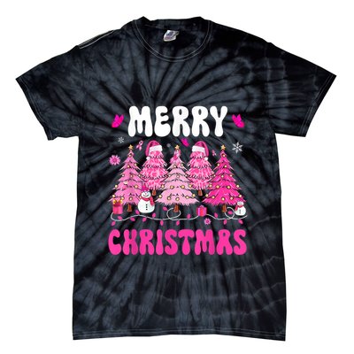 Merry Christmas Trees Pink Leopard Buffalo Plaid Tie-Dye T-Shirt