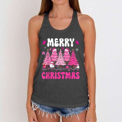 Merry Christmas Trees Pink Leopard Buffalo Plaid Women's Knotted Racerback Tank