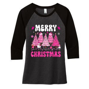 Merry Christmas Trees Pink Leopard Buffalo Plaid Women's Tri-Blend 3/4-Sleeve Raglan Shirt