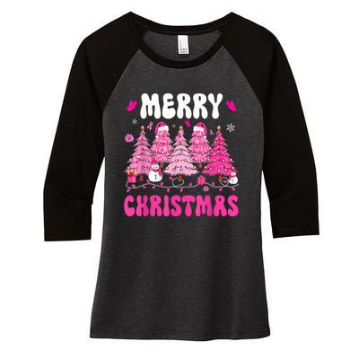 Merry Christmas Trees Pink Leopard Buffalo Plaid Women's Tri-Blend 3/4-Sleeve Raglan Shirt