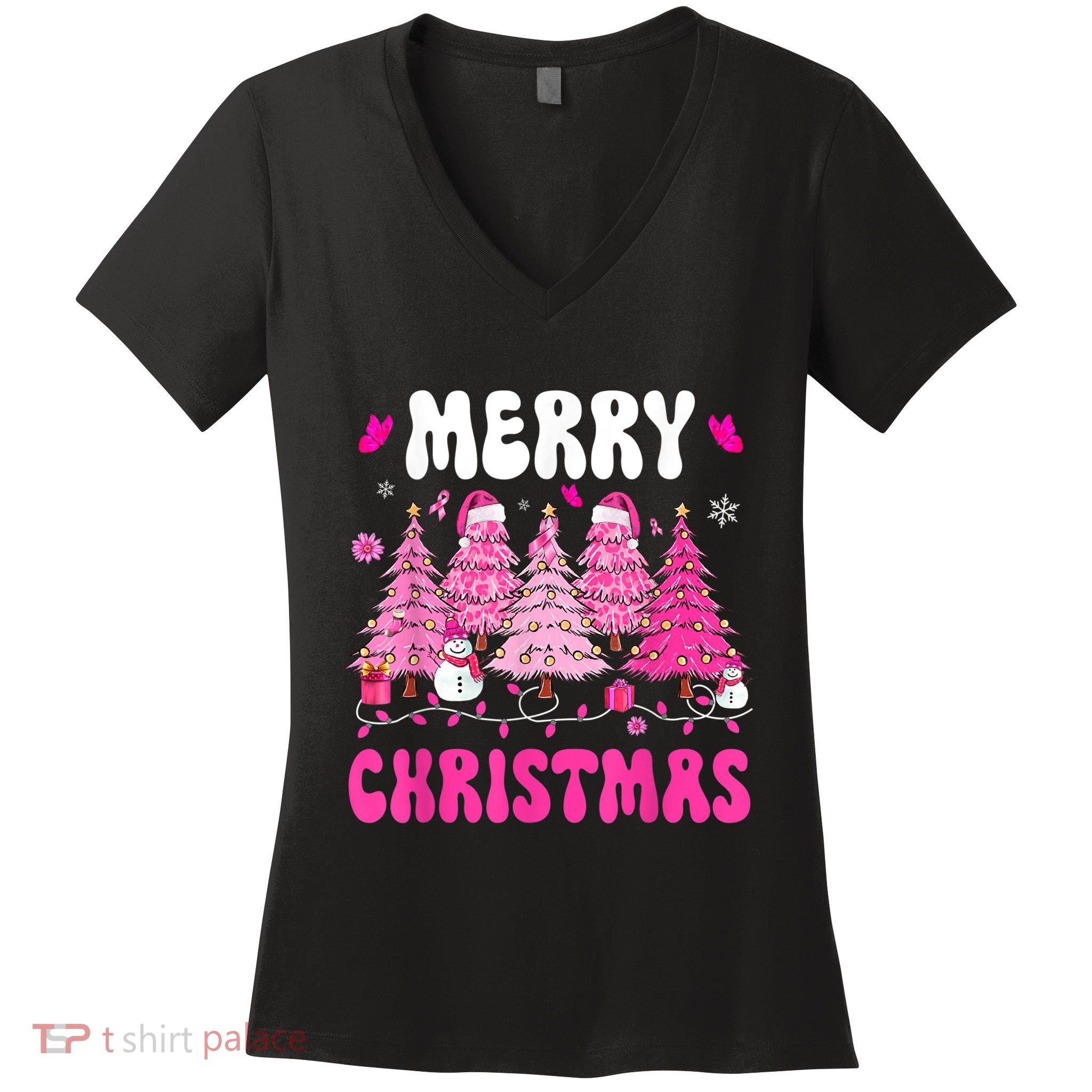 Merry Christmas Trees Pink Leopard Buffalo Plaid Women's V-Neck T-Shirt