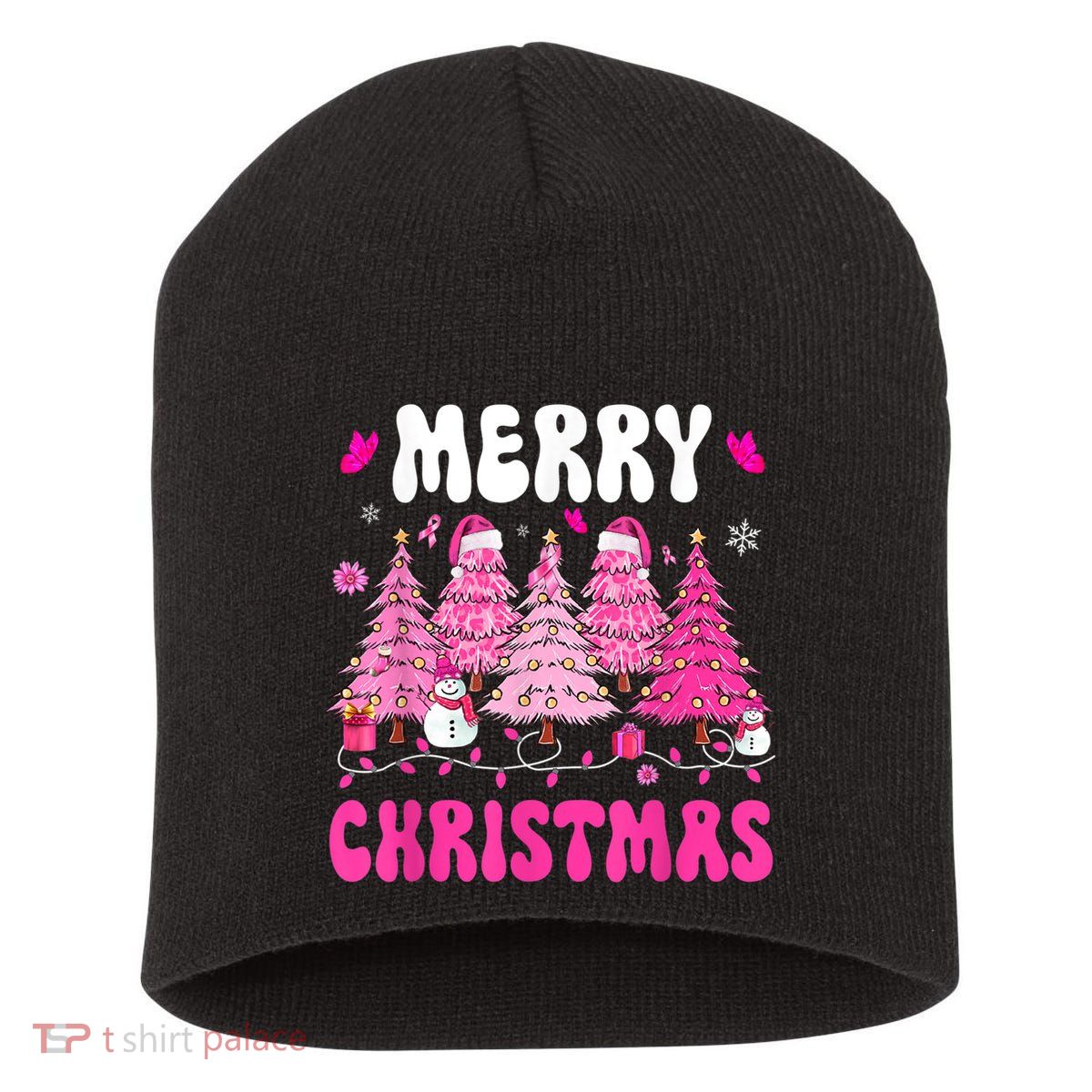 Merry Christmas Trees Pink Leopard Buffalo Plaid Short Acrylic Beanie