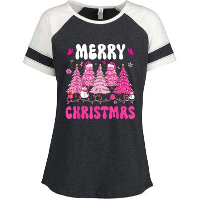 Merry Christmas Trees Pink Leopard Buffalo Plaid Enza Ladies Jersey Colorblock Tee