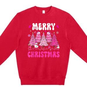 Merry Christmas Trees Pink Leopard Buffalo Plaid Premium Crewneck Sweatshirt