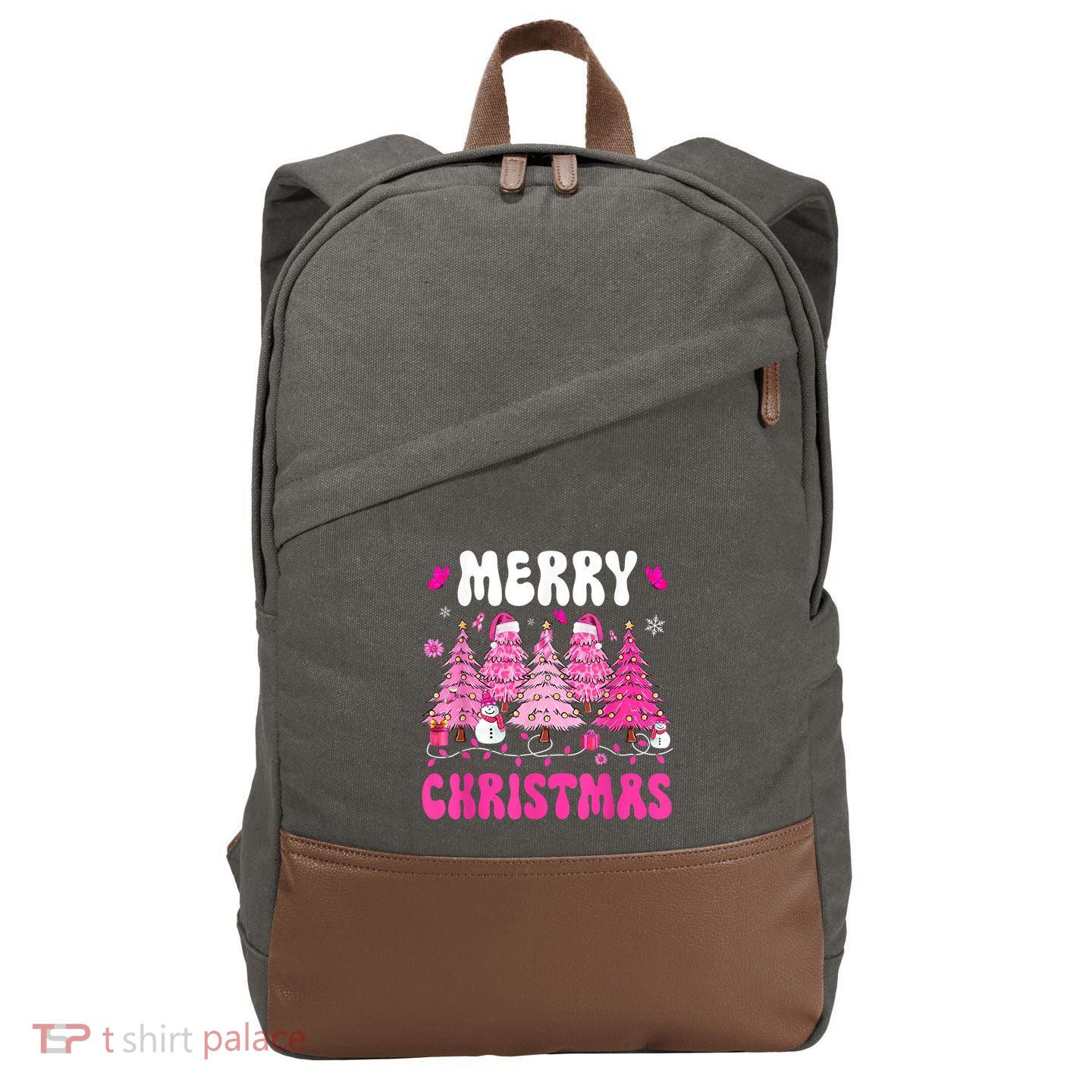 Merry Christmas Trees Pink Leopard Buffalo Plaid Cotton Canvas Backpack