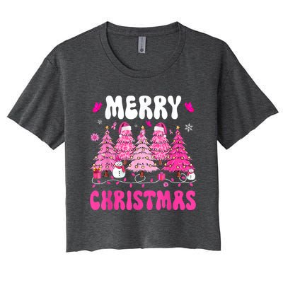 Merry Christmas Trees Pink Leopard Buffalo Plaid Women's Crop Top Tee