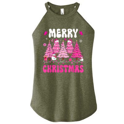 Merry Christmas Trees Pink Leopard Buffalo Plaid Women's Perfect Tri Rocker Tank